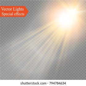 Vector transparent sunlight special lens flash light effect.front sun lens flash. Vector blur in the light of radiance. Element of decor. Horizontal stellar rays and searchlight.
