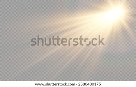 Vector transparent sunlight with special lens flare effect. Light gold png. Yellow sun png. Light flash gold png. Summer season. Vector illustrator.