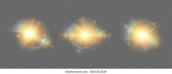 Vector de luz solar transparente. Efecto de luz de destello de lente de arco iris especial aislado sobre fondo transparente. Brillantes rayos de sol para el diseño.