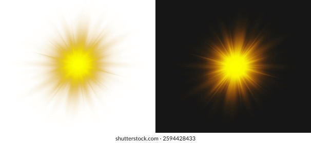 Vector transparent sunlight with sun glare. Overlay, Sun rays and glare, Sun, sunrays, light transitions, lens flare, light leaks and glare in PNG format. PNG sunlight flare. Golden flash and glare.