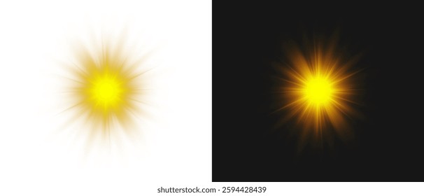 Vector transparent sunlight with sun glare. Overlay, Sun rays and glare, Sun, sunrays, light transitions, lens flare, light leaks and glare in PNG format. PNG sunlight flare. Golden flash and glare.