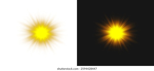 Vector transparent sunlight with sun glare. Overlay, Sun rays and glare, Sun, sunrays, light transitions, lens flare, light leaks and glare in PNG format. PNG sunlight flare. Golden flash and glare.