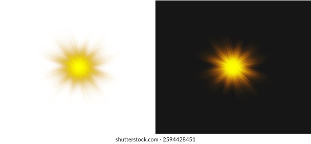 Vector transparent sunlight with sun glare. Overlay, Sun rays and glare, Sun, sunrays, light transitions, lens flare, light leaks and glare in PNG format. PNG sunlight flare. Golden flash and glare.