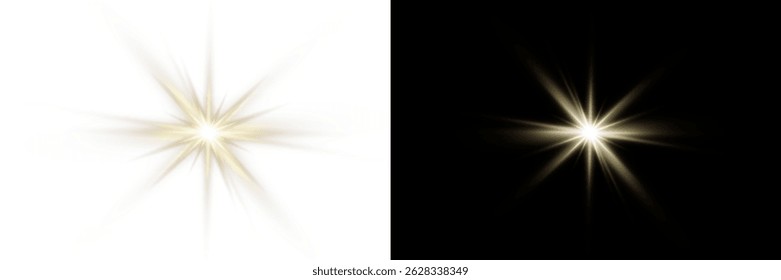 Vector transparent sunlight with sun glare. Overlay, Sun rays and glare, Sun, sunrays, light transitions, lens flare, light leaks and glare in PNG format. PNG sunlight flare. Golden flash and glare.