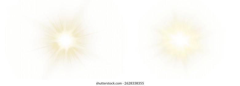 Vector transparent sunlight with sun glare. Overlay, Sun rays and glare, Sun, sunrays, light transitions, lens flare, light leaks and glare in PNG format. PNG sunlight flare. Golden flash and glare.