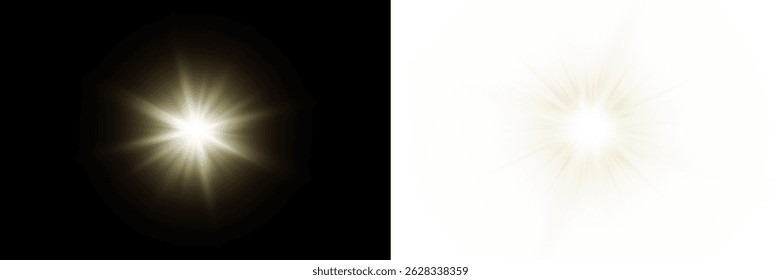 Vector transparent sunlight with sun glare. Overlay, Sun rays and glare, Sun, sunrays, light transitions, lens flare, light leaks and glare in PNG format. PNG sunlight flare. Golden flash and glare.