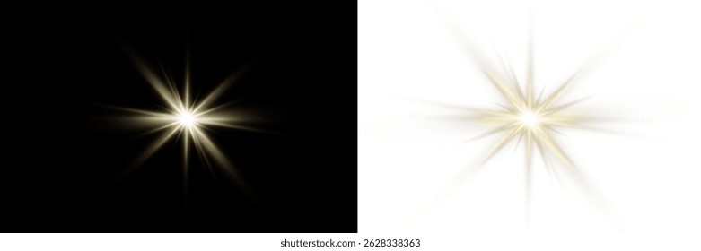 Vector transparent sunlight with sun glare. Overlay, Sun rays and glare, Sun, sunrays, light transitions, lens flare, light leaks and glare in PNG format. PNG sunlight flare. Golden flash and glare.