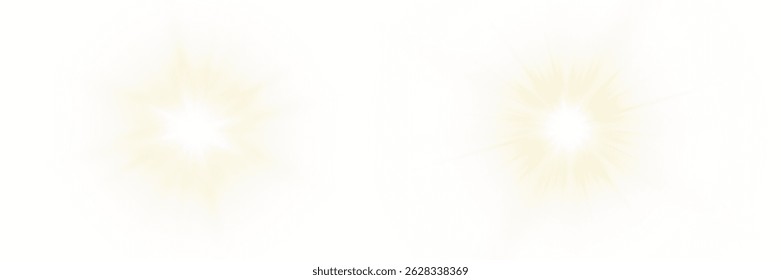 Vector transparent sunlight with sun glare. Overlay, Sun rays and glare, Sun, sunrays, light transitions, lens flare, light leaks and glare in PNG format. PNG sunlight flare. Golden flash and glare.