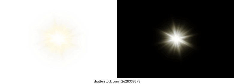 Vector transparent sunlight with sun glare. Overlay, Sun rays and glare, Sun, sunrays, light transitions, lens flare, light leaks and glare in PNG format. PNG sunlight flare. Golden flash and glare.