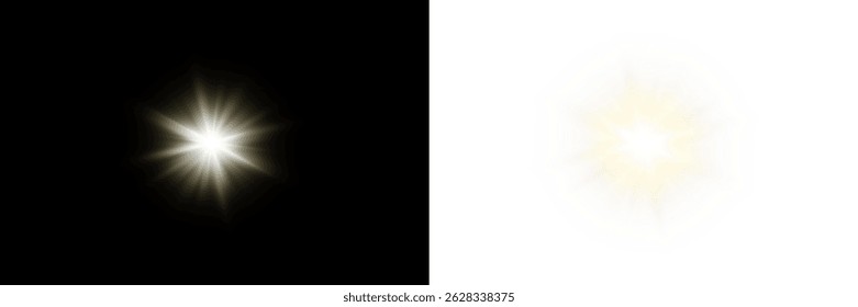 Vector transparent sunlight with sun glare. Overlay, Sun rays and glare, Sun, sunrays, light transitions, lens flare, light leaks and glare in PNG format. PNG sunlight flare. Golden flash and glare.