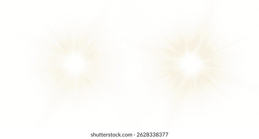 Vector transparent sunlight with sun glare. Overlay, Sun rays and glare, Sun, sunrays, light transitions, lens flare, light leaks and glare in PNG format. PNG sunlight flare. Golden flash and glare.