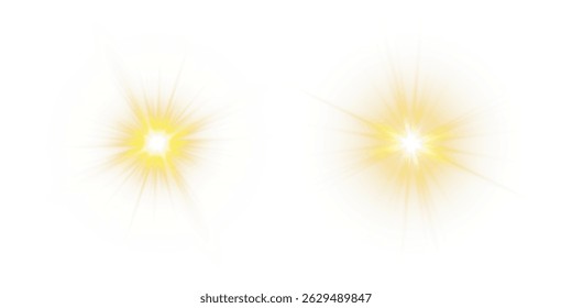 Vector transparent sunlight with sun glare. Overlay, Sun rays and glare, Sun, sunrays, light transitions, lens flare, light leaks and glare in PNG format. PNG sunlight flare. Golden flash and glare.	