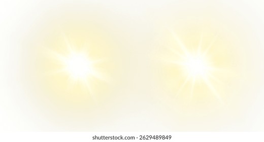 Vector transparent sunlight with sun glare. Overlay, Sun rays and glare, Sun, sunrays, light transitions, lens flare, light leaks and glare in PNG format. PNG sunlight flare. Golden flash and glare.	
