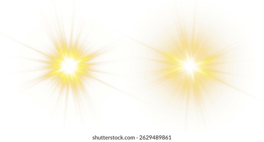 Vector transparent sunlight with sun glare. Overlay, Sun rays and glare, Sun, sunrays, light transitions, lens flare, light leaks and glare in PNG format. PNG sunlight flare. Golden flash and glare.	