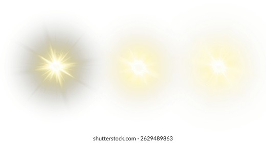 Vector transparent sunlight with sun glare. Overlay, Sun rays and glare, Sun, sunrays, light transitions, lens flare, light leaks and glare in PNG format. PNG sunlight flare. Golden flash and glare.	