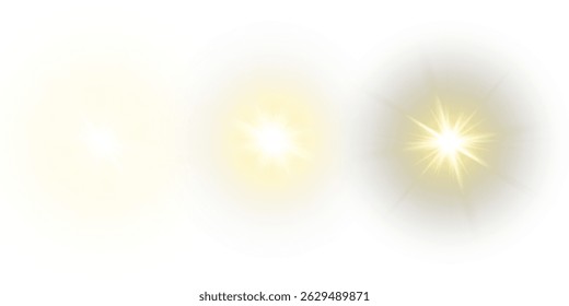 Vector transparent sunlight with sun glare. Overlay, Sun rays and glare, Sun, sunrays, light transitions, lens flare, light leaks and glare in PNG format. PNG sunlight flare. Golden flash and glare.	