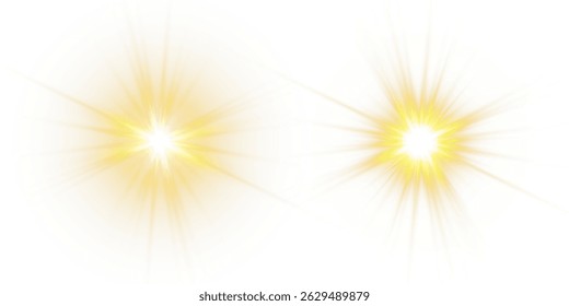 Vector transparent sunlight with sun glare. Overlay, Sun rays and glare, Sun, sunrays, light transitions, lens flare, light leaks and glare in PNG format. PNG sunlight flare. Golden flash and glare.	