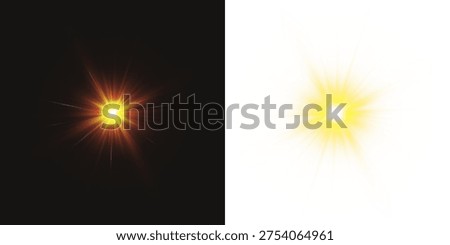 Vector transparent sunlight with sun glare. Overlay, Sun rays and glare, Sun, sunrays, light transitions, lens flare, light leaks and glare in PNG format. PNG sunlight flare. Golden flash and glare.