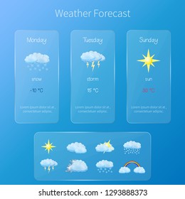 Vector transparent user interface - weather forecast template with set of glossy and detailed icons.