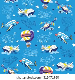 Vector Transport Airplane Helicopter Seamless Pattern. Hot Air Baloon. Sky Lineart