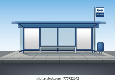 Vector transport bus stop with billboards made of glass and metal with a bench for sitting with blank banner isolated front view