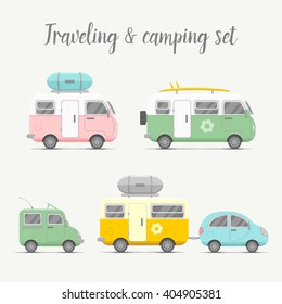Vector transport caravan and trailer set. Trailer types vector illustration. Traveler truck flat vector icon. Family trailer summer trip concept. Logo, emblem concept. Trailer icons. Colorful trailers