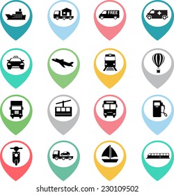 Vector Transport icons set with map