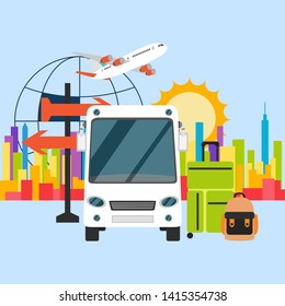 Vector transport illustration with color city and white bus driving on downtown road