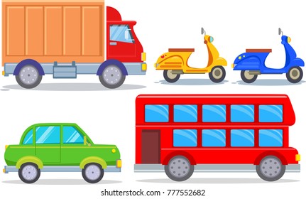 Vector transport set - bus, moped, car, truck in flat style. cartoon car illustration in childrens style