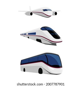 Vector transport set isolated on white background. Transportation and vehicle design. Bus, plane and train