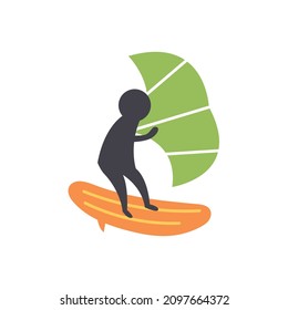 Vector transport surfer with a sail hand drawn naive art