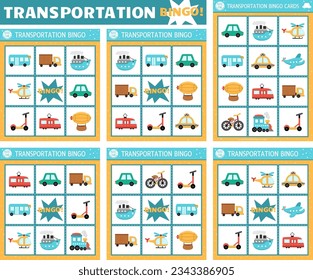 Vector transportation bingo cards set. Fun family lotto board game with cute car, bus, truck, train, plane for kids. Transport lottery activity. Simple educational printable worksheet with vehicles
