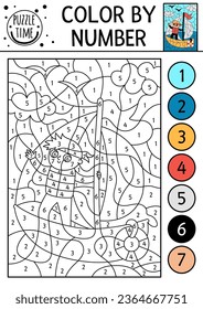 Color del transporte de vectores por actividad numérica con el niño en yate. Escenario de transporte de agua. Juego de conteo en blanco y negro con barco. Página de coloreado para niños con velero en el mar
