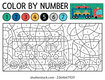 Vector transportation color by number activity with tow truck. City transport scene. Black and white counting game with lorry. Coloring page for kids with wrecker and cars
