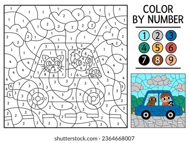 Color del transporte de vectores por actividad numérica con el niño conduciendo un coche con gato de pasajeros. Lugar del transporte urbano. Juego de conteo en blanco y negro con automóvil. Página de coloreado para niños con conductor masculino
