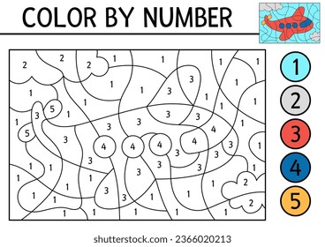 Vector transportation color by number activity with plane flying in the sky. Air transport scene. Black and white counting game with airplane. Coloring page for kids with aircraft 
