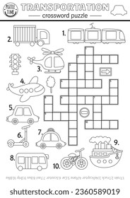 Vector transportation crossword black and white puzzle for kids. Simple line quiz with car, truck, plane, taxi, ship, bus, scooter, bike, helicopter. Cross word coloring page activity with transport
