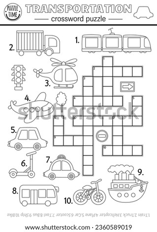 Vector transportation crossword black and white puzzle for kids. Simple line quiz with car, truck, plane, taxi, ship, bus, scooter, bike, helicopter. Cross word coloring page activity with transport
