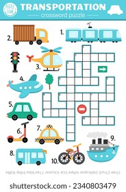 Vector transportation crossword puzzle for kids. Simple quiz with car, truck, plane, taxi, ship, bus, scooter, bike, helicopter for children. Cute educational cross word activity with transport
