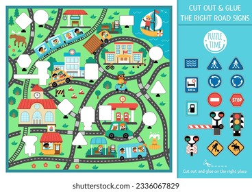 Vector transportation cut and glue activity. Crafting game with cute city landscape and road signs. Fun transport printable worksheet for kids with urban map. Complete the picture with traffic sign
