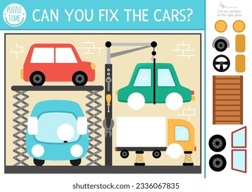 Vector transportation cut and glue activity. Crafting game with cute car repair service landscape, car, truck, bus. Fun transport printable worksheet for kids. Complete the picture. Fix the vehicles