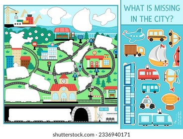 Vector transportation cut and glue activity. Crafting game with cute city landscape, cars, trains. Fun water, air, underground, land transport printable worksheet for kids. Complete the picture
