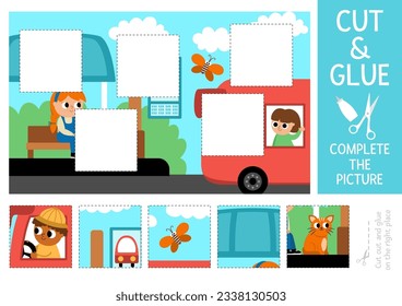 Vector transportation cut and glue activity. Crafting game with cute city landscape, girl waiting on bus stop. Fun printable worksheet for kids. Find the right piece of the puzzle. Complete picture