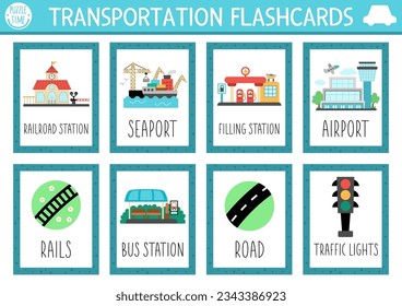 Tarjetas flash de transporte de vectores con estación de ferrocarril, puerto marítimo, aeropuerto. Juego en inglés con lugares de transporte para niños. Tarjetas de volante para vehículos. Hoja de trabajo simple e imprimible
