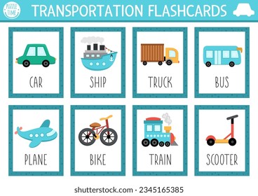 Vector transportation flash cards set and car  ship  truck  bike  plane  train  bus  English language game and cute transport for kids  Vehicles flashcards  Simple educational printable worksheet

