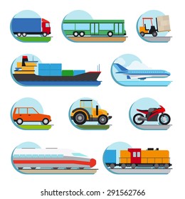 Vector Transportation Flat Icons. Truck and train, plane and ship