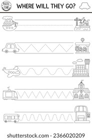 Vector transportation handwriting practice worksheet. Transport printable black and white activity for kids. Tracing game for writing skills. Coloring page with car, ship, plane, bus, places they go