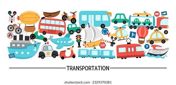 Vector transportation horizontal set with different kinds of transport. Road trip card template or frame design for banners, invitation. Cute illustration with bus, car, boat, truck, bike, plane