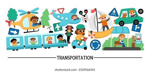 Vector transportation horizontal set with different kinds of transport and cute kids drivers. Road trip card template, frame design for banners. Cute illustration with bus, car, plane, train
