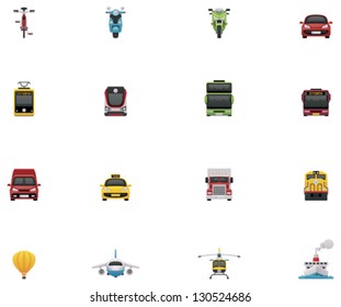 Vector transportation icon set. Includes bicycle, motorbike, train, tramway, bus, car, truck, airplane and helicopter symbols